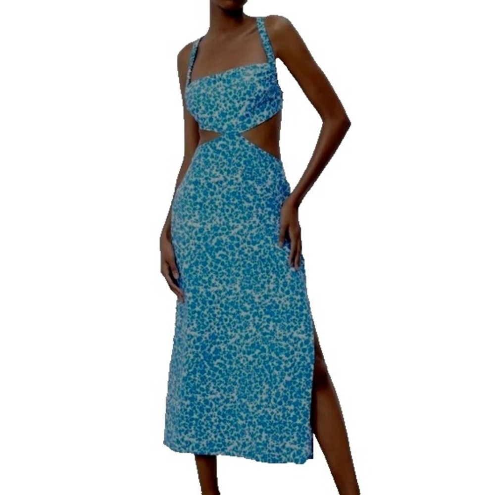 Zara blue and white linen cutout midi dress women's Size M New